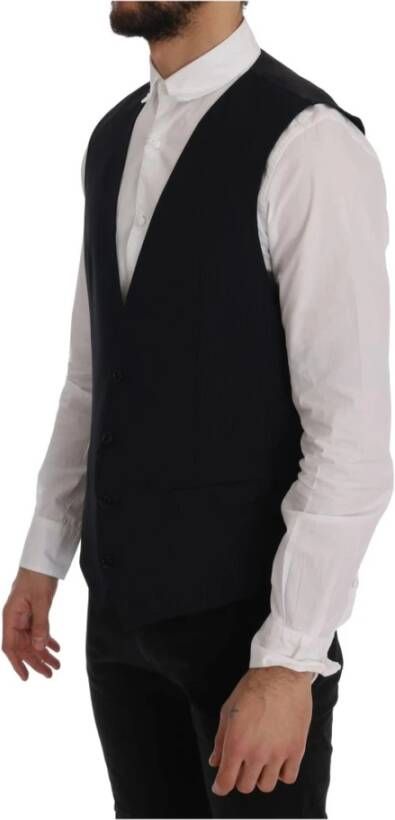 Dolce & Gabbana Black Staff Wool Striped Vest Zwart Heren