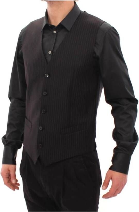 Dolce & Gabbana Black Striped Wool Single Breasted Vest Zwart Heren