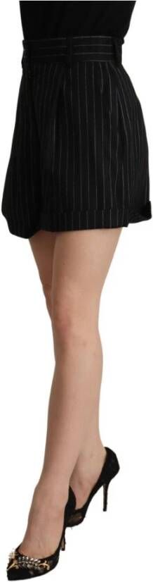 Dolce & Gabbana Black Stripes Wool High Waist Trouser Bermuda Shorts Zwart Dames