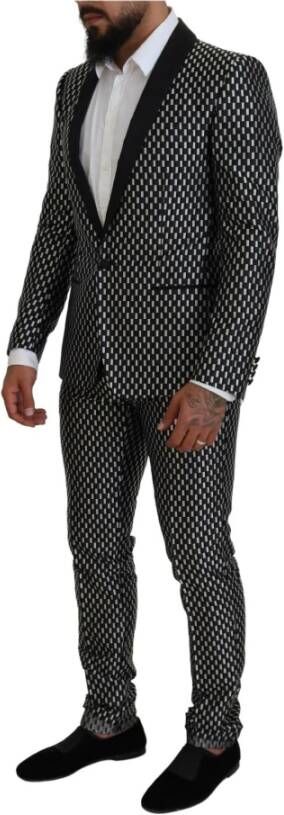Dolce & Gabbana Black White Silk Martini Slim Fit Suit Zwart Heren