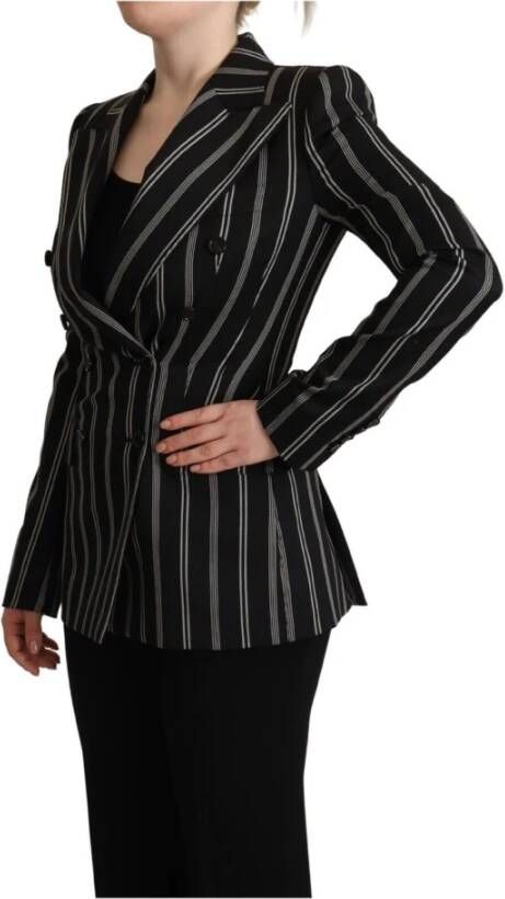 Dolce & Gabbana Black White Stripes Wool Long Sleeves Jacket Zwart Dames