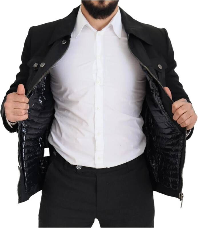 Dolce & Gabbana Black Wool Collared Full Zip Jacket Zwart Heren