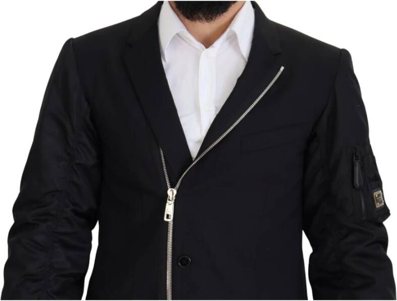 Dolce & Gabbana Black Wool Full Zip Long Sleeves Jacket Zwart Heren