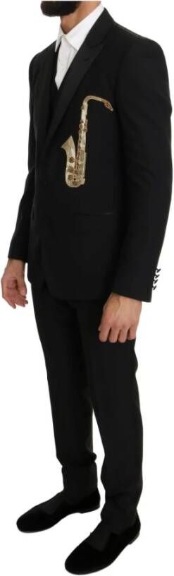 Dolce & Gabbana Black Wool Silk Saxophone Slim Fit Suit Zwart Heren