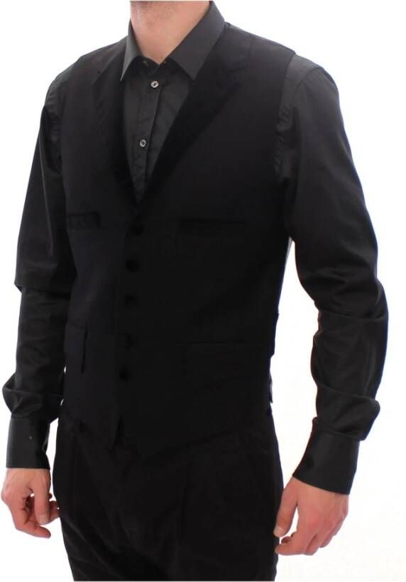 Dolce & Gabbana Black Wool Single Breasted Vest Gilet Zwart Heren