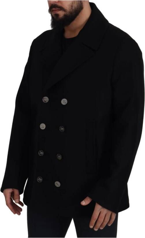 Dolce & Gabbana Black Wool Trench Overcoat Jacket Zwart Heren