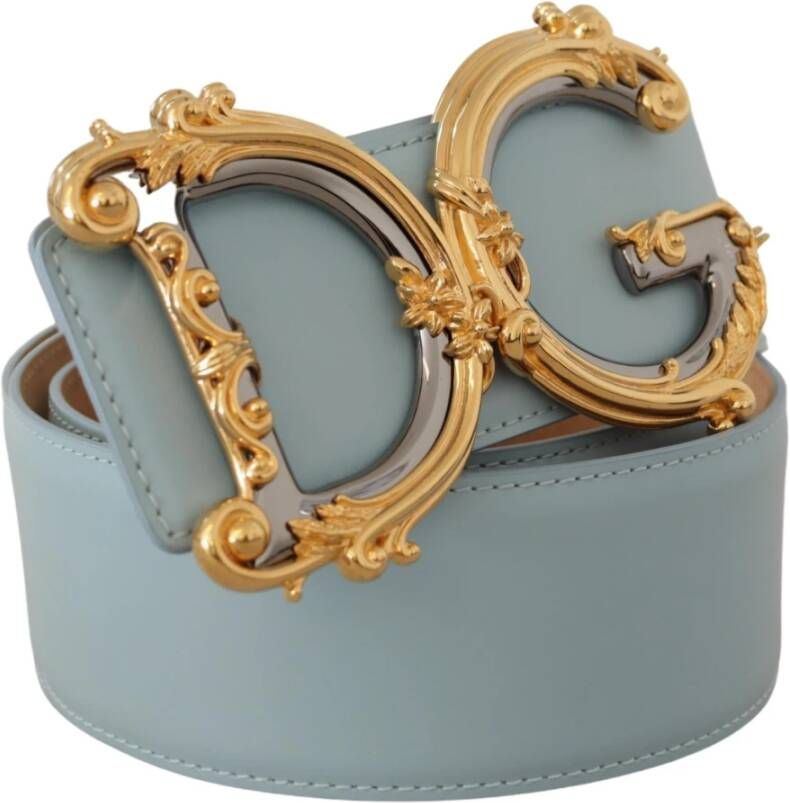Dolce & Gabbana Blauw Leren Breed Taille DG Logo Barok Gouden Gesp Riem Blauw Dames