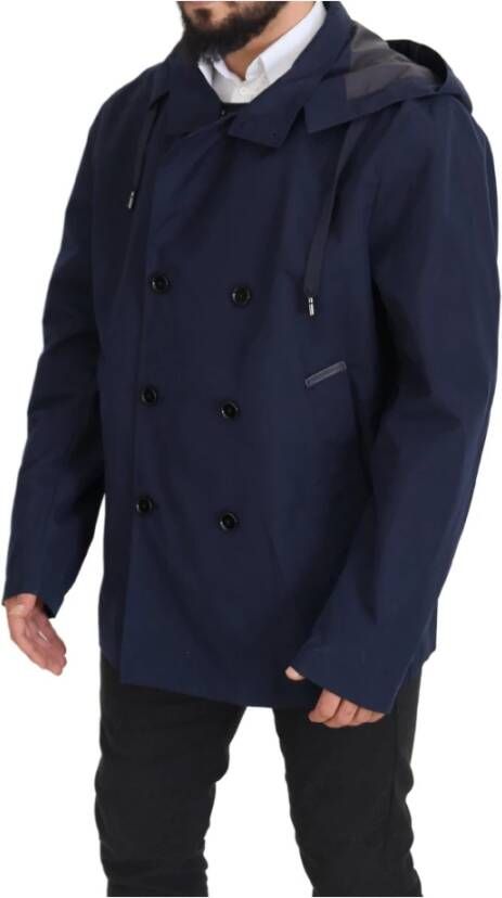 Dolce & Gabbana Blue Hooded Double Breasted Coat Jacket Blauw Heren