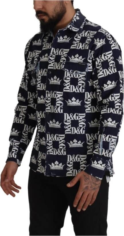 Dolce & Gabbana Blue Denim Stretch DG Crown Logo Casual overhemd Blauw Heren