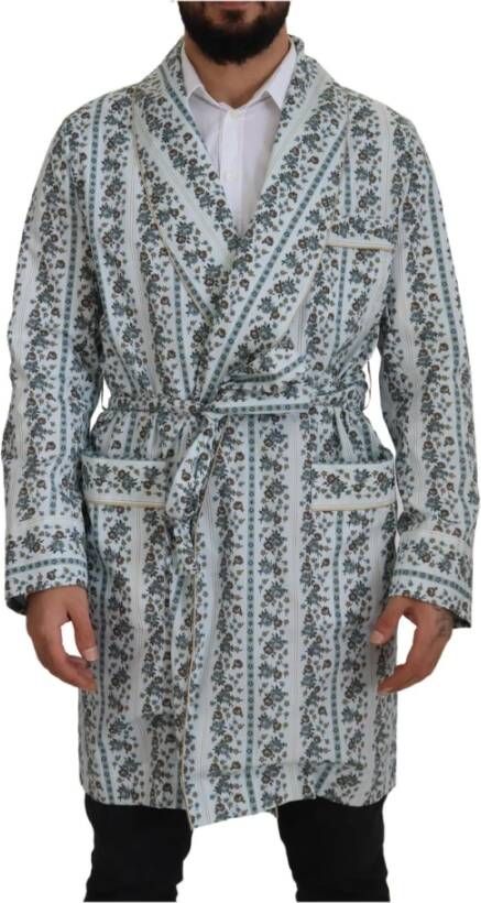 Dolce & Gabbana Blue Floral Cotton Robe Coat Jacket Blauw Heren