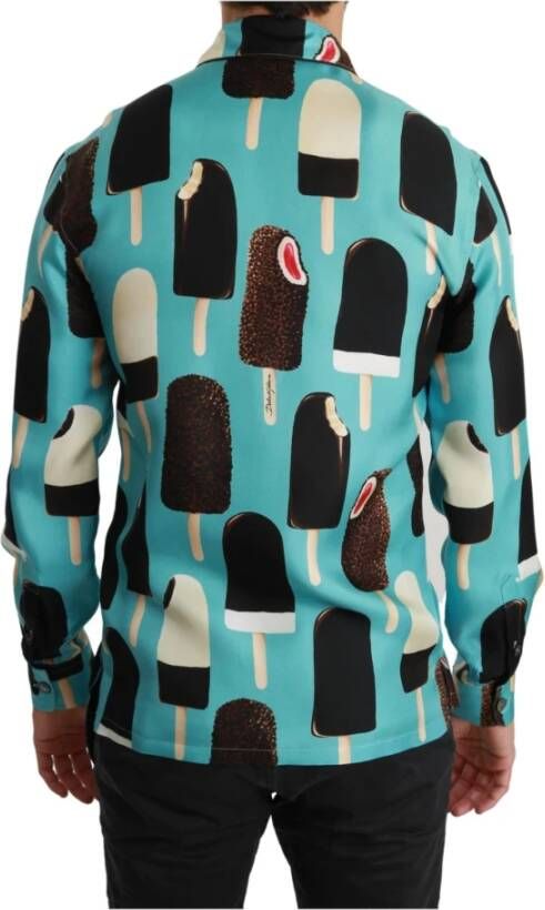 Dolce & Gabbana Blue Silk Ice Cream Print Casual overhemd Blauw Heren