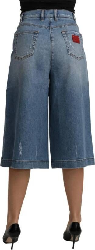 Dolce & Gabbana Blue Wide Leg Cropped Mid Waist Cotton Jeans Blauw Dames