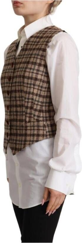 Dolce & Gabbana Brown Checkered Leopard V-neck Sleeveless Vest Top Bruin Dames