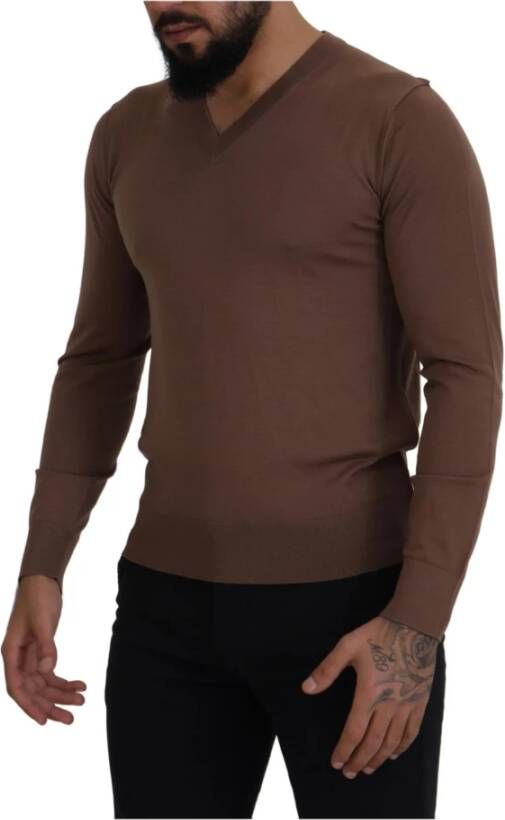 Dolce & Gabbana Brown Wool Men V-neck Pullover Sweater Bruin Heren