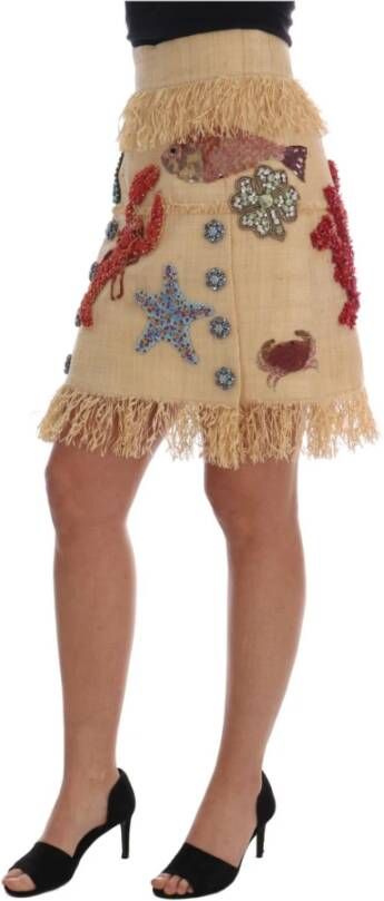 Dolce & Gabbana Crystal Beige Palm Fiber Skirt Beige Dames