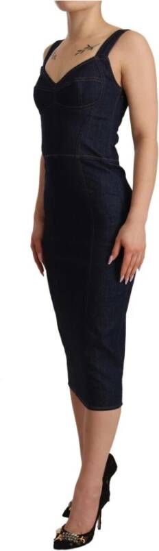 Dolce & Gabbana Dark Blue Cotton Denim Sheath Midi Dress Blauw Dames