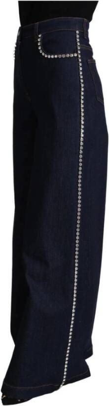 Dolce & Gabbana Dark Blue Crystals Cotton Denim Wide Leg Jeans Blauw Dames