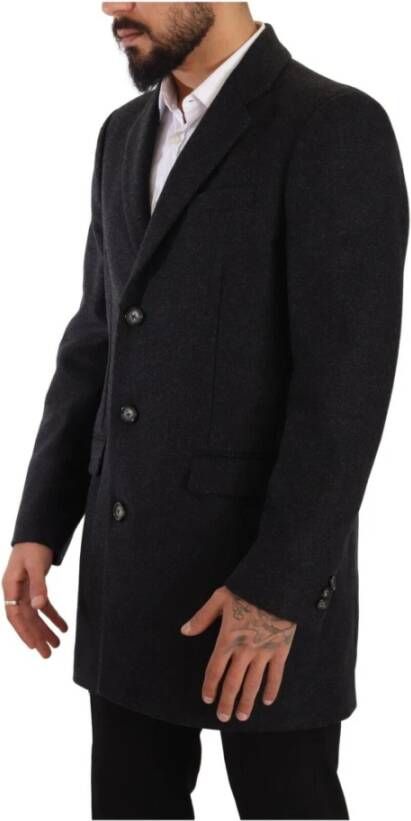 Dolce & Gabbana Dark Gray Wool Over Trench Coat Men Jacket Grijs Heren