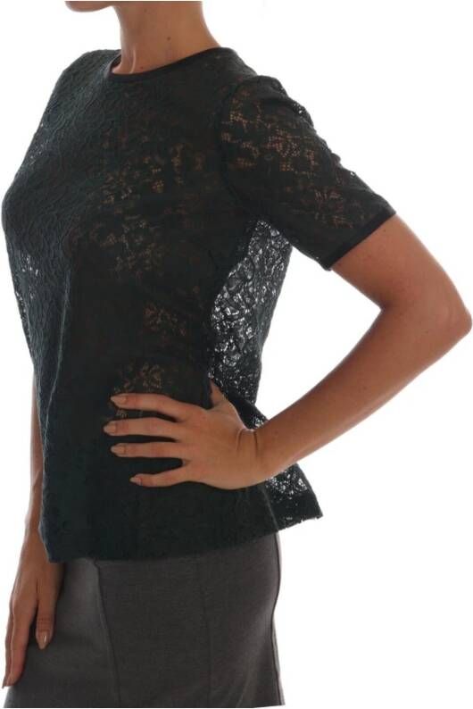 Dolce & Gabbana Dark Green Cotton Floral Lace Round Neck Blouse Top Groen Dames
