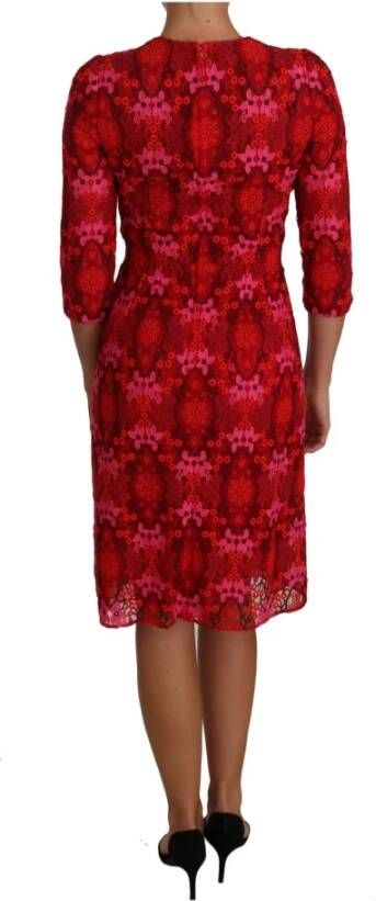 Dolce & Gabbana Floral Crochet Lace Red Pink Sheath Dress Rood Dames