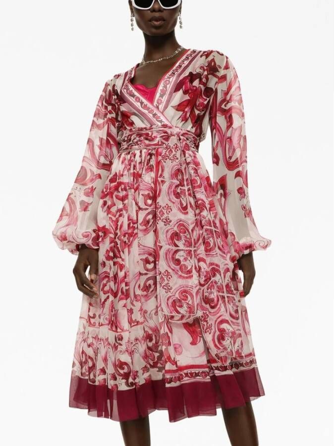 Dolce & Gabbana Fuchsia Zijden Chiffon Jurk met Maiolica Print Roze Dames