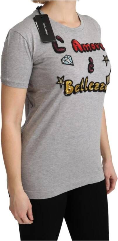Dolce & Gabbana Gray Cotton Amore e Bellezza Top T-shirt Grijs Dames