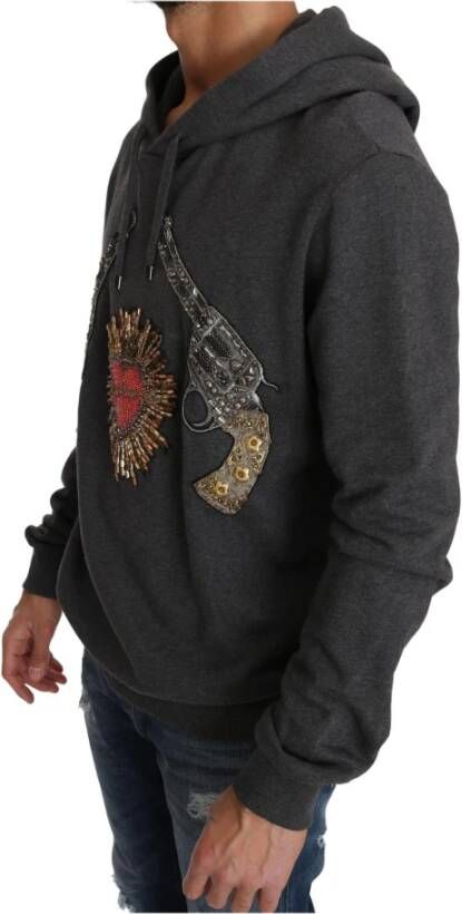 Dolce & Gabbana Gray Hooded Red Crystal Heart Gun Sweater Grijs Heren