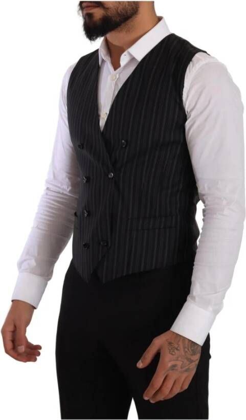 Dolce & Gabbana Gray Striped Double Breasted Waistcoat Vest Zwart Heren