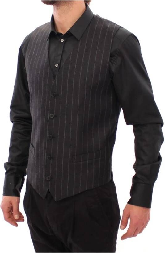 Dolce & Gabbana Gray Striped Wool Logo Vest Grijs Heren