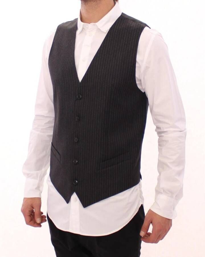 Dolce & Gabbana Gray Striped Wool Single Breasted Vest Grijs Heren