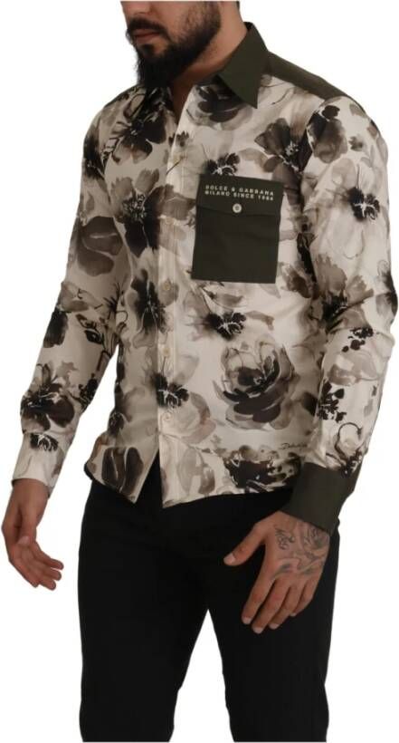 Dolce & Gabbana Green Beige Floral Cotton Stretch Exclusive Shirt Meerkleurig Heren