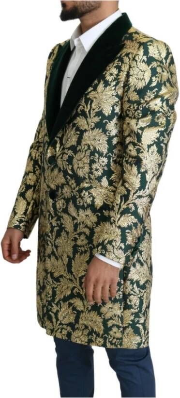 Dolce & Gabbana Jacket Sicilia Green Gold Jacquard Long Coat Groen Heren