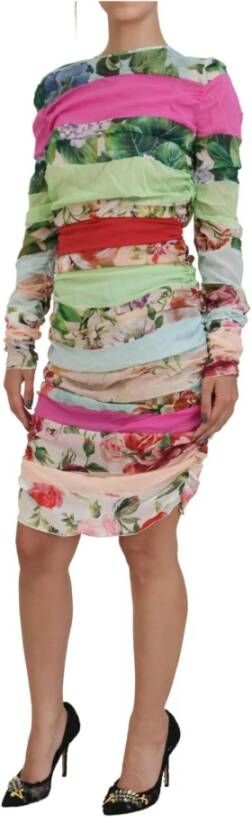 Dolce & Gabbana Multicolor Bloemen Sheath Jurk met Logo Details Meerkleurig Dames