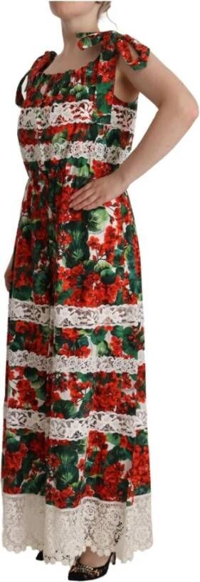 Dolce & Gabbana Multicolor Geranium Print Lace Long Maxi Dress Meerkleurig Dames