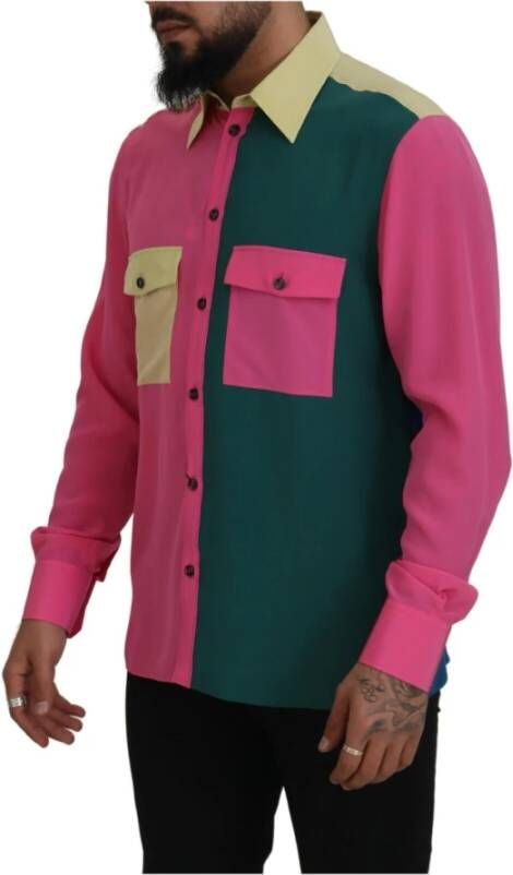 Dolce & Gabbana Multicolor Patchwork Zijden Overhemd Pink Heren