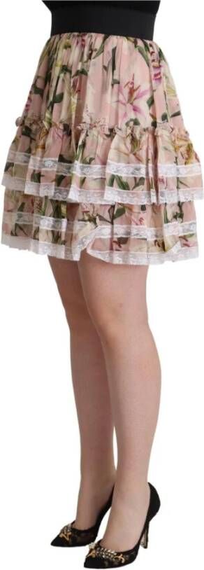 Dolce & Gabbana Pink Lily Print Silk Mini Tiered A-line Skirt Roze Dames