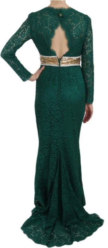 Dolce & Gabbana Pre-owned Crystal Gold Belt Lace Sheath Gown Dress Groen Dames