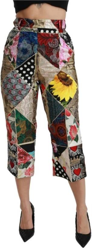 Dolce & Gabbana Pre-owned Silk Multicolor Print High Waist Cropped Pants Beige Dames