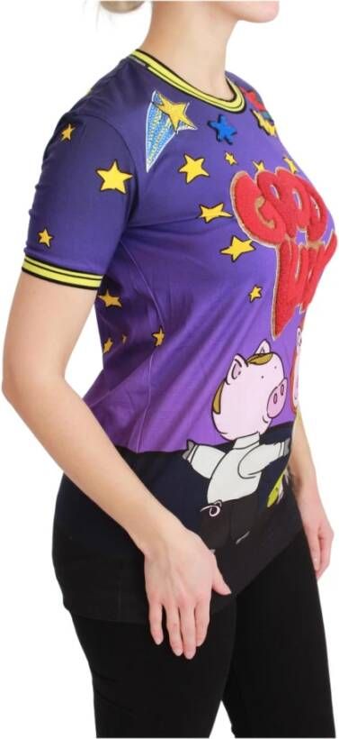 Dolce & Gabbana Purple Year OF THE PIG Top Cotton T-shirt Paars Dames