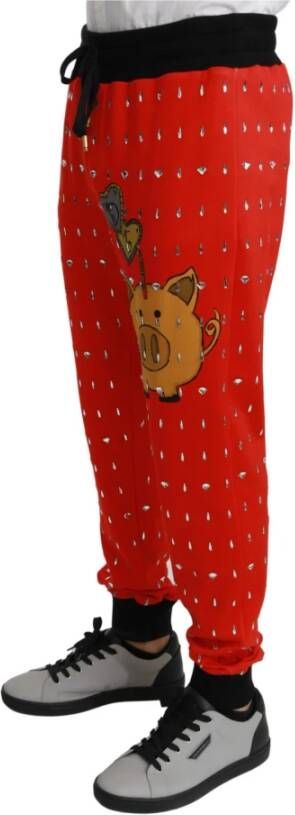 Dolce & Gabbana Red Piggy Bank Cotton Crystal Trousers Pants Rood Heren