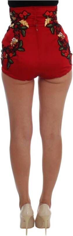 Dolce & Gabbana Red Silk Pearls Roses Shorts Rood Dames