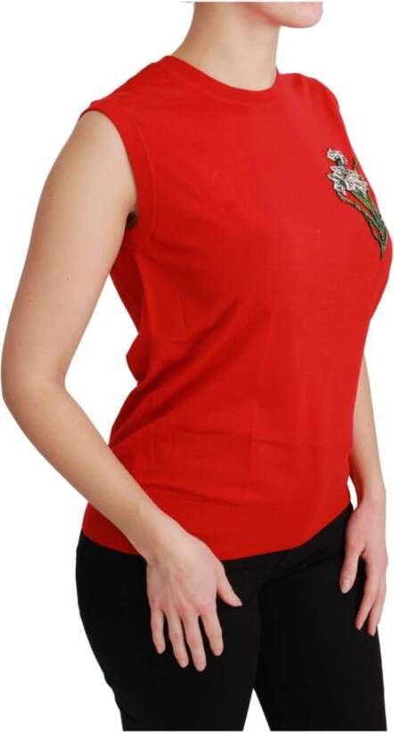 Dolce & Gabbana Red Tank Vest Crystal Flower Wool Top Rood Dames