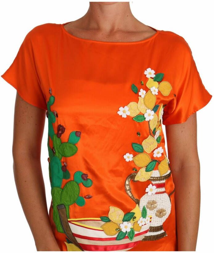 Dolce & Gabbana Silk Orange Lemon Crystal T-shirt Top Oranje Dames