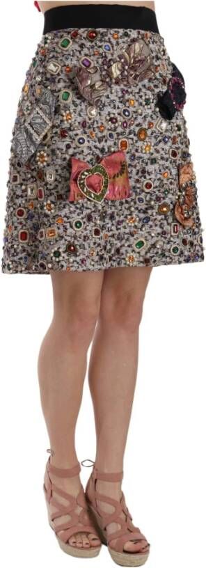 Dolce & Gabbana Silver Crystal Bow High Waist Mini Skirt Grijs Dames