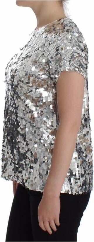 Dolce & Gabbana Silver Sequined Crewneck Blouse T-shirt Top Grijs Dames