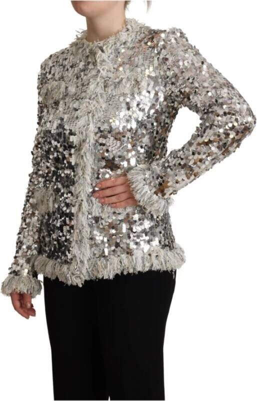 Dolce & Gabbana Silver Sequined Shearling Long Sleeves Jacket Grijs Dames