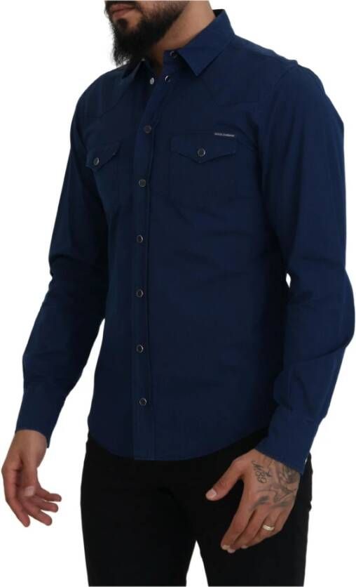 Dolce & Gabbana Blauwe Denim Katoenen Slim Fit Gold Overhemd Blue Heren
