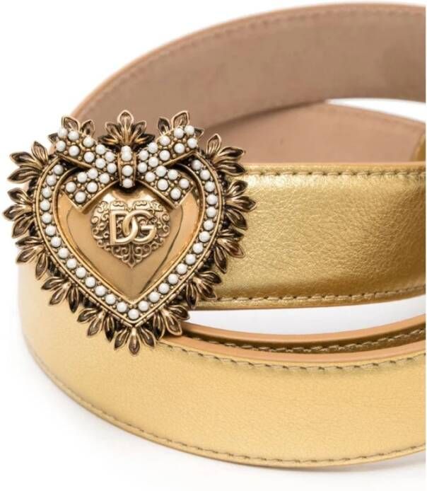 Dolce & Gabbana Verstelbare metallic leren riem met gouden hartgesp Beige Dames
