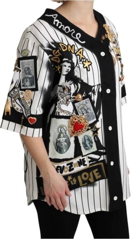 Dolce & Gabbana White and black Blouse Cotton Crystal Charms Amore Shirt Meerkleurig Dames