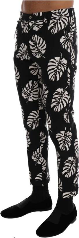 Dolce & Gabbana White Black Leaf Cotton Stretch Slim Pants Zwart Heren